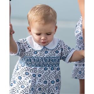 Julia Amory X Smockingbird Smocked Bubble, Blue Dahlia Size 12 months